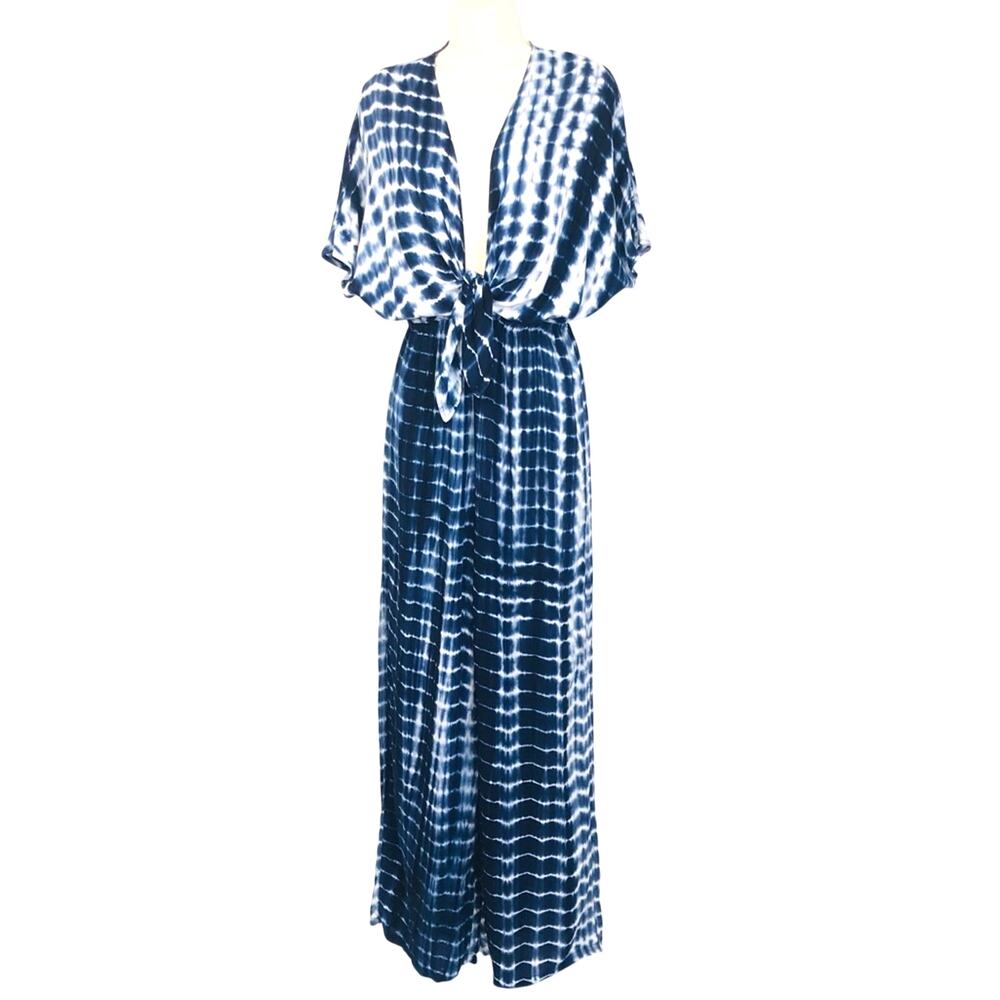 Shein Navy White Tie Dye Palazzo Jumpsuit Plunge Neckline Twisted Knot Front